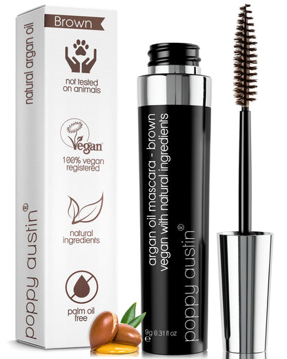 Poppy Austin - Vegan Mascara Brown Volume and Length Waterproof - Soft, Hypoallergenic Volume Mascara, Organic & Cruelty Free, 100% Natural Mascara for Sensitive Eyes (9g, Black)