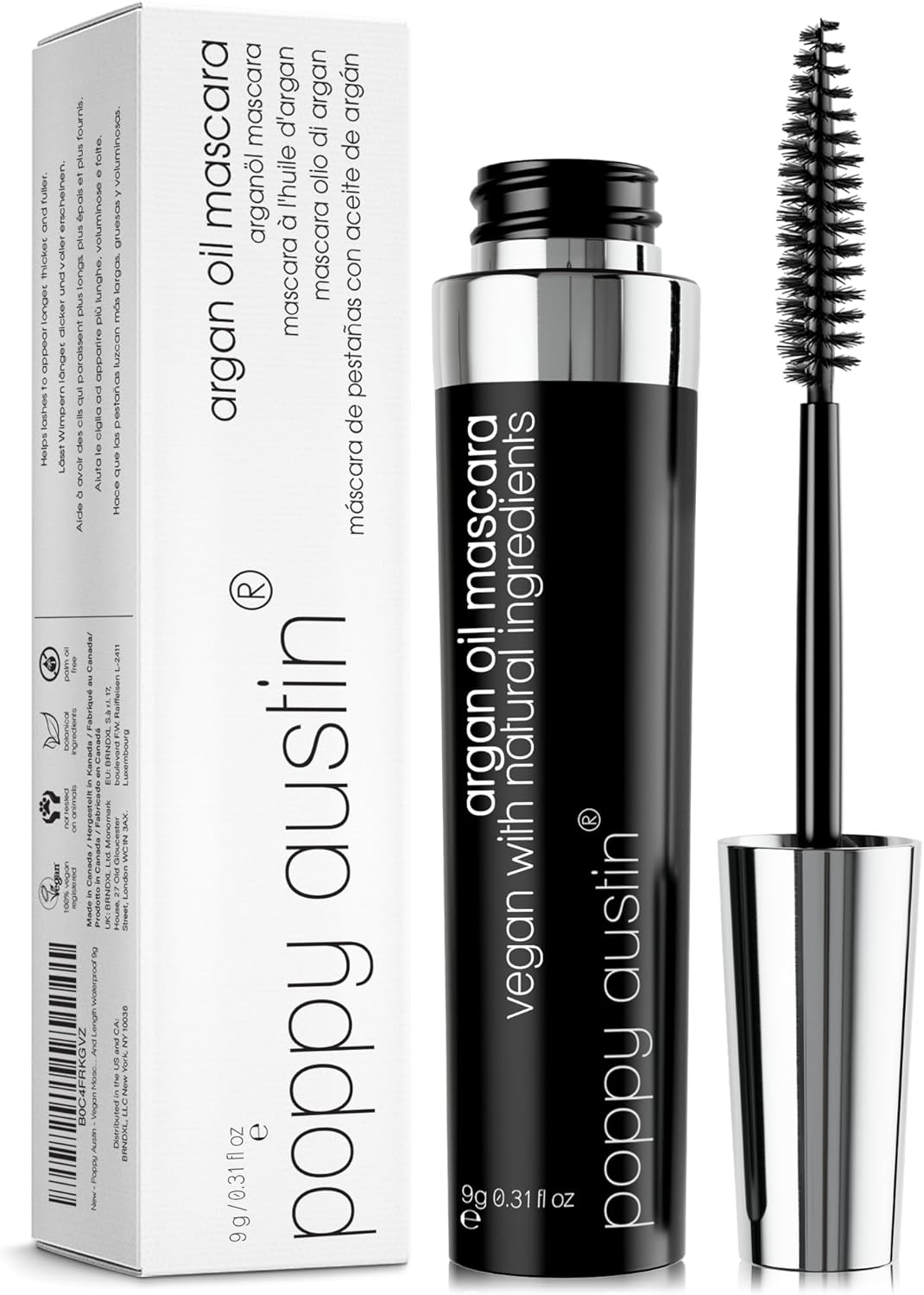 Poppy Austin - Vegan Mascara Brown Volume and Length Waterproof - Soft, Hypoallergenic Volume Mascara, Organic & Cruelty Free, 100% Natural Mascara for Sensitive Eyes (9g, Black)